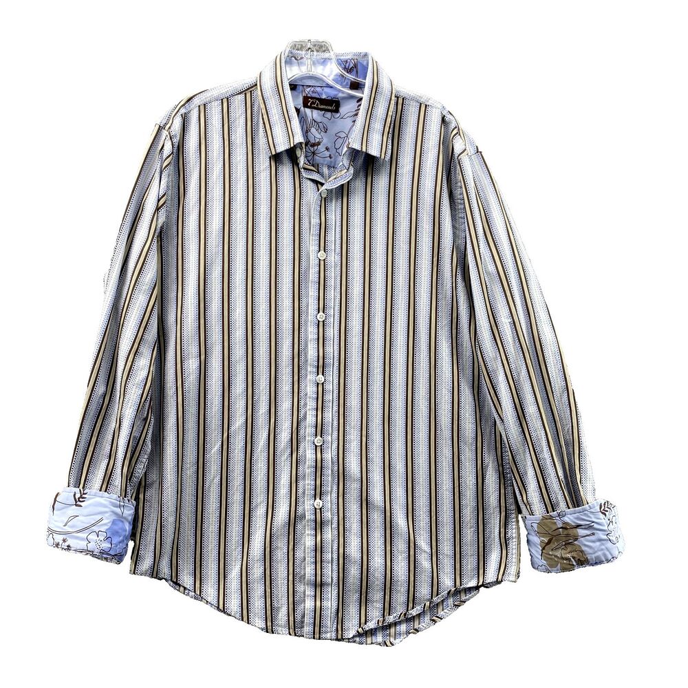 7 Diamonds Shirt Men's XL Blue Striped Floral Flip Cuff Preppy Classic core 90's